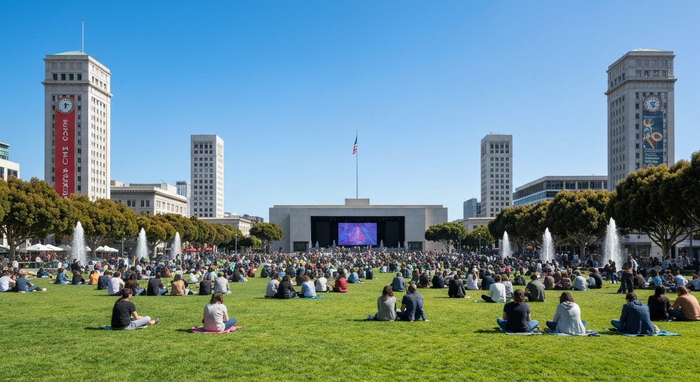 Yerba Buena Gardens lawn during a free outdoor concert, people seated on the grass with museum towers and fountains around the edges